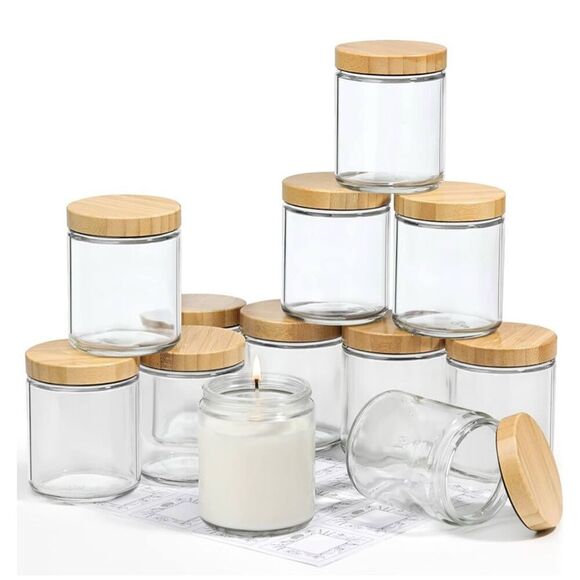 NEW 12 Pk Thick Glass Candle Jars Bamboo & Labels 8oz Clear Spice - Picture 1 of 7